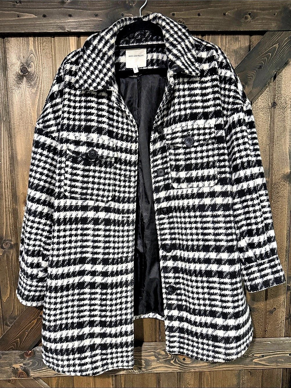 Avec Les Filles Houndstooth Coat in Black & White Size Small